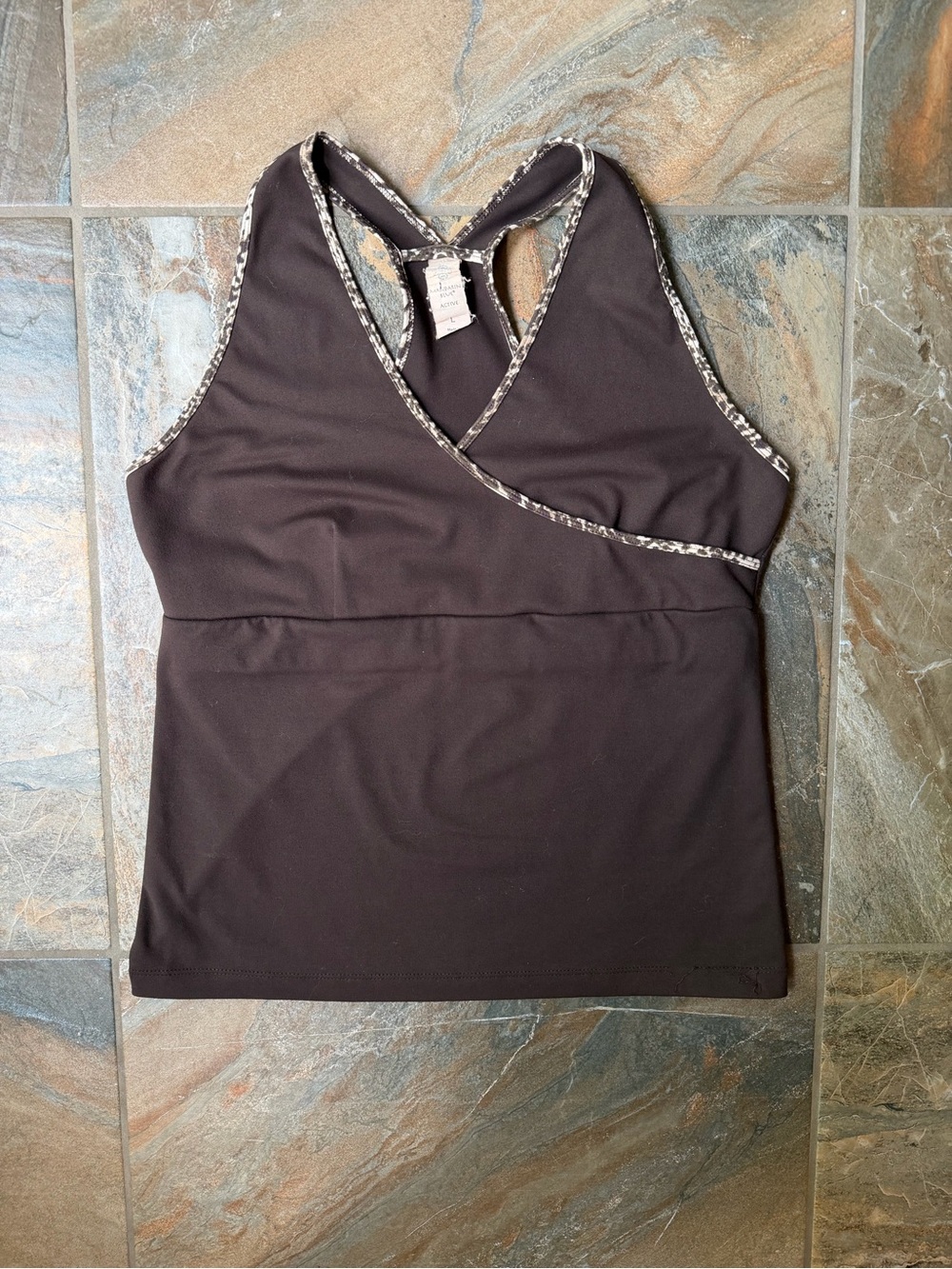 Mandarin Blue Active Women’s Brown Racerback Tank Top Animal Print Trim Large L